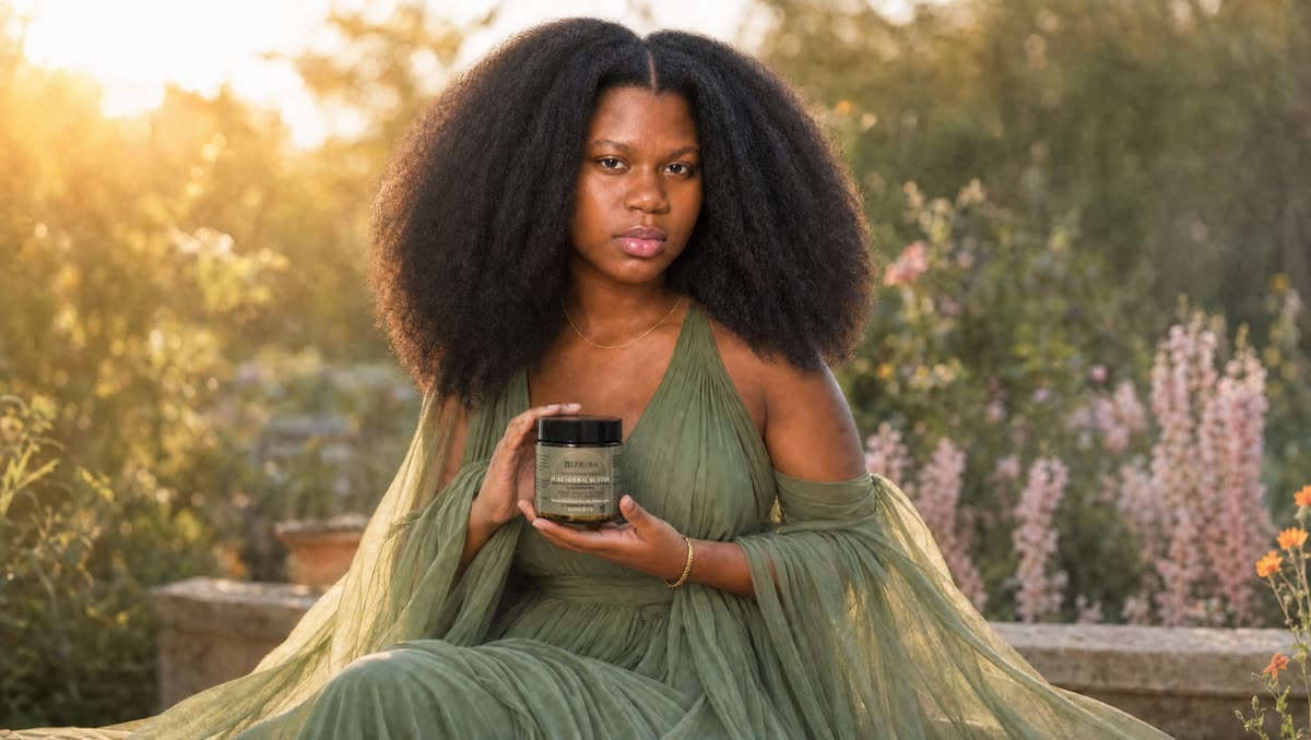 The founder of Hepzora holding a jar of Pure Herbal Butter