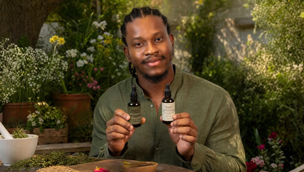 The founder's husband holding two Hepzora oils