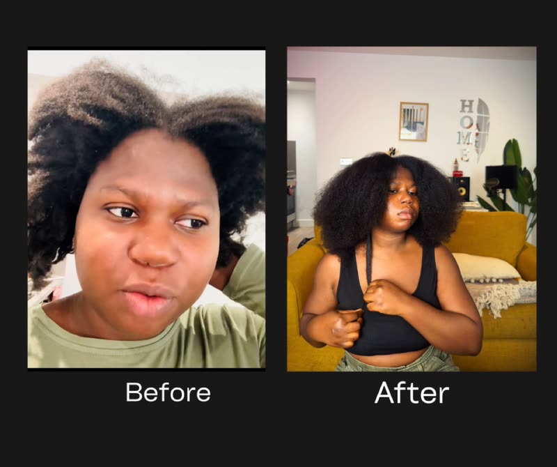 The founder&rsquo;s documented hair journey, shown as before and after photographs